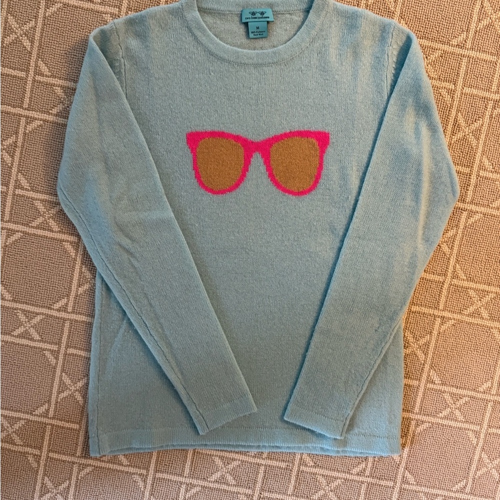 Two Bees Cashmere Blue Sweater with Pink and Tan Sunglasses Design